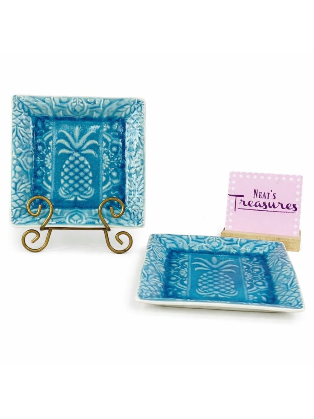 Roscher PINEAPPLE TURQUOISE Aqua Floral Crackle Design Square Salad Plates Set 2